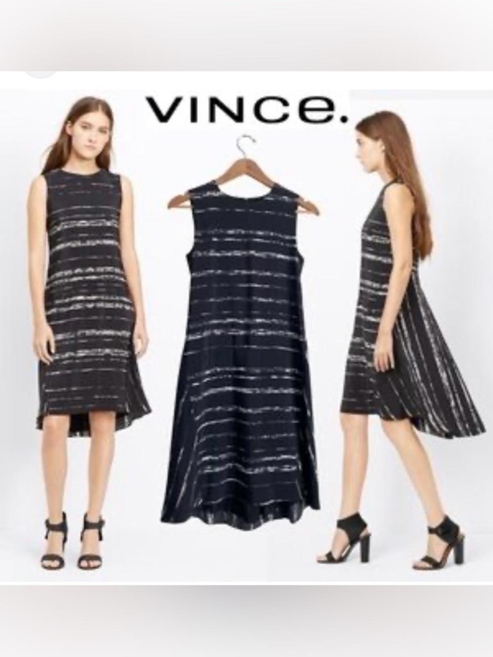 Vince 100% Silk Black Abstract Striped Shift Dress size 8